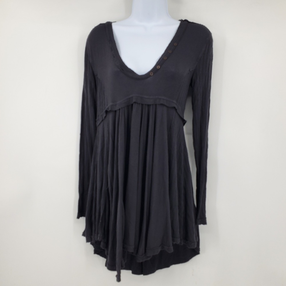 Free People Gray Long Sleeve Empire Babydoll Tunic Shirt S Witchy Boho Goth Prep